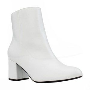 Bamboo White Vegan Faux Patent Leather Square Toe Block Heel Article Ankle Boots